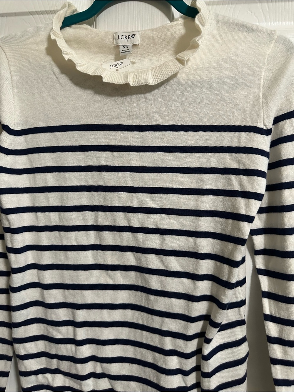J. Crew Cream and Navy Striped Ruffleneck Sweater NWT XS - Picture 3 of 8